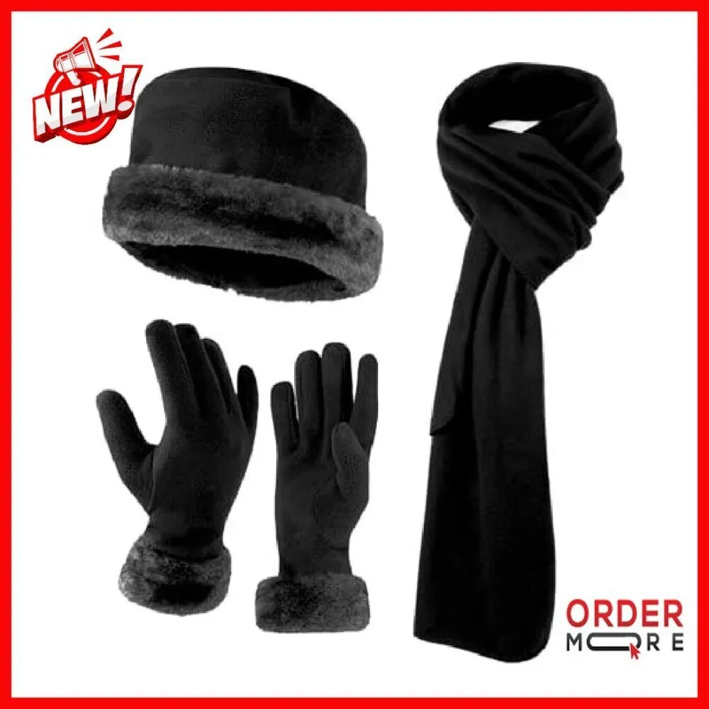 Women's Fleece Winter Hat & Glove Set - Warm Plush Fur Trim